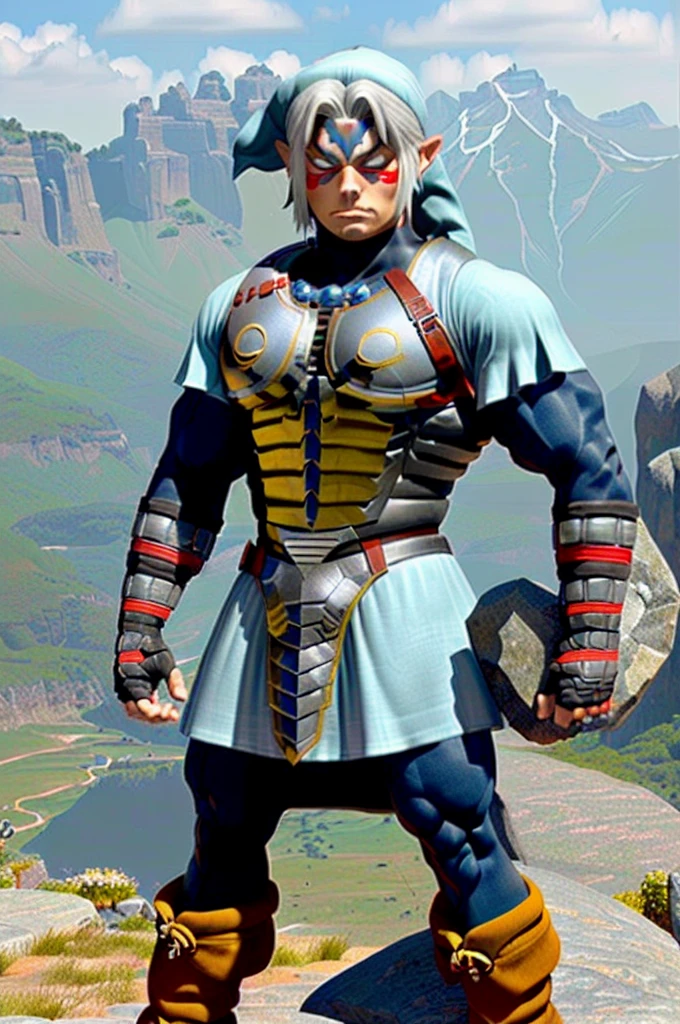 a muscular male figure wearing a white tunic, belt, Fingerless Gloves, und boots, , posing and looking at the viewer from above, surrounded by mountains and rocks, (best quality,4K,8K,highres,​masterpiece:1.2),Ultra-detail,(realisti,photorealisti,photo-realisti:1.37),portrait,Fantasies,dramatic lighing,filmic, (((a muscular male figure))), STRONG FIGURE, breast out, powerful ,powerfule Aura, white glowing eyes, (((Flex your muscles))), garment: Unter der armor trägt er ein langes, weißes garment, that reaches down to the ankles. Das garment ist an den Rändern mit blauen und silbernen Mustern verziert., boots: Seine boots sind schwer und robust, passend zur armor, and reach to the knees. They are also decorated with the same mystical symbols.armor: Er trägt eine beeindruckende armor, which is mainly in blue and white. Die armor hat eine antike, but still robust aesthetics, with sharp and clear lines. Mystical symbols are engraved above the breastplate and shoulders.balck hair: Sein balck hair ist weiß und etwas länger als die Schultern, smooth and flowing.Face and eyes: His face is serious and determined, with bright white eyes, that radiate a supernatural power.Height and stature: Fierce Deity Link is tall and muscular, with an imposing and powerful presence.
