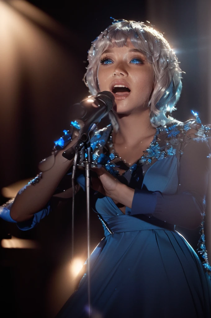 A young woman in blue dress singing on stage with microphone, Furina (Genshin Impact), short silver hair, blue eyes, 1girl, three point lighting, singer in the voice show, performing, diva, detailed skin, (ultra-high detail:1.2), Masterpiece, Best Quality, Ultra-detailed, Cinematic lighting, 8K, delicate features, cinematic, 35 mm lens, f/1.9, highlight lighting, global lighting –uplight –v 4, cinematic, Cinematic lighting, 8K, high quality, Highest Quality, (Solo Focus), (extremly intricate:1.3), (Realistic), dramatic, masterful, Analog style, (Film grain:1.5), (warm hue, cold tone)