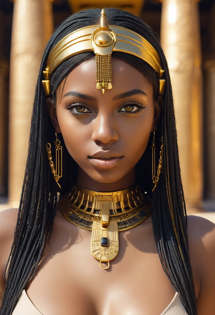 close-up, without clothes cute sexual black 17 years girl looking at me, flirt, love me, cybernetic gold parts of body, straight hair, against the backdrop gold Egyptian columns, ultra high quality detailing