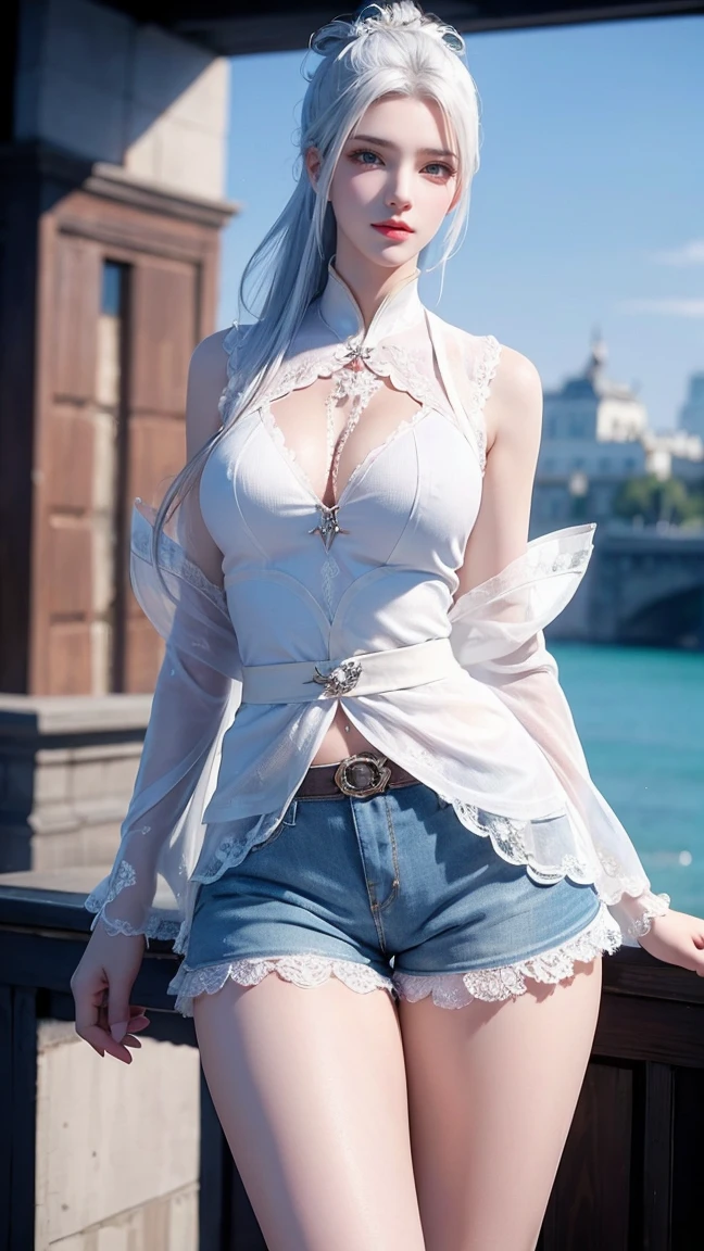 a white hair、Close-up of woman wearing white mask, Beautiful character painting, Guweiz, Gurwitz-style artwork, White-haired god, author：Yang Jie, Epic and beautiful character art, Stunning character art, author：Fan Qi, by Wuzhun Shifan, pixiv art street guweiz, Single ponytail, insult, High Ponytail, tall and big, Long legs, (Sleeveless lace shirt), (shorts), (Striped )), ((Striped )), Walk, elegant, dignified, woman, Beautiful curves, sweet smile, Strong sense of detail and layering, colour丰富绚丽, Has a unique texture, Colorful, colour, vivid, design art, 16K, Ultra Detailed, {{illustration}}, {Extremely refined}, {Exquisite surface treatment}, Ultra Detailed, Delicate and shining eyes, {{Movie Lighting}}, Extreme lighting effects, Model: Realism, CFG size: 12, Laura: Bright texture (1.35), high quality, masterpiece, Exquisite facial features, Delicate hair depiction, Detailed depiction of the eyes, masterpiece, best quality, Ray Tracing, Extremely detailed CG unified 8k wallpaper, masterpiece, best quality, (1 girl), Perfect woman figure, (((tight white t shirt))), beautiful eyes, (Delicate face), Black short hair, Tie your hair up, Light blue hairpin, Black Silk Frame Glasses, In class, (White skin), (Optimal lighting), (Super intricate details), 4k unity, (Ultra Detailed CG), Showing off her white legs, , Hot Pants, shorts,