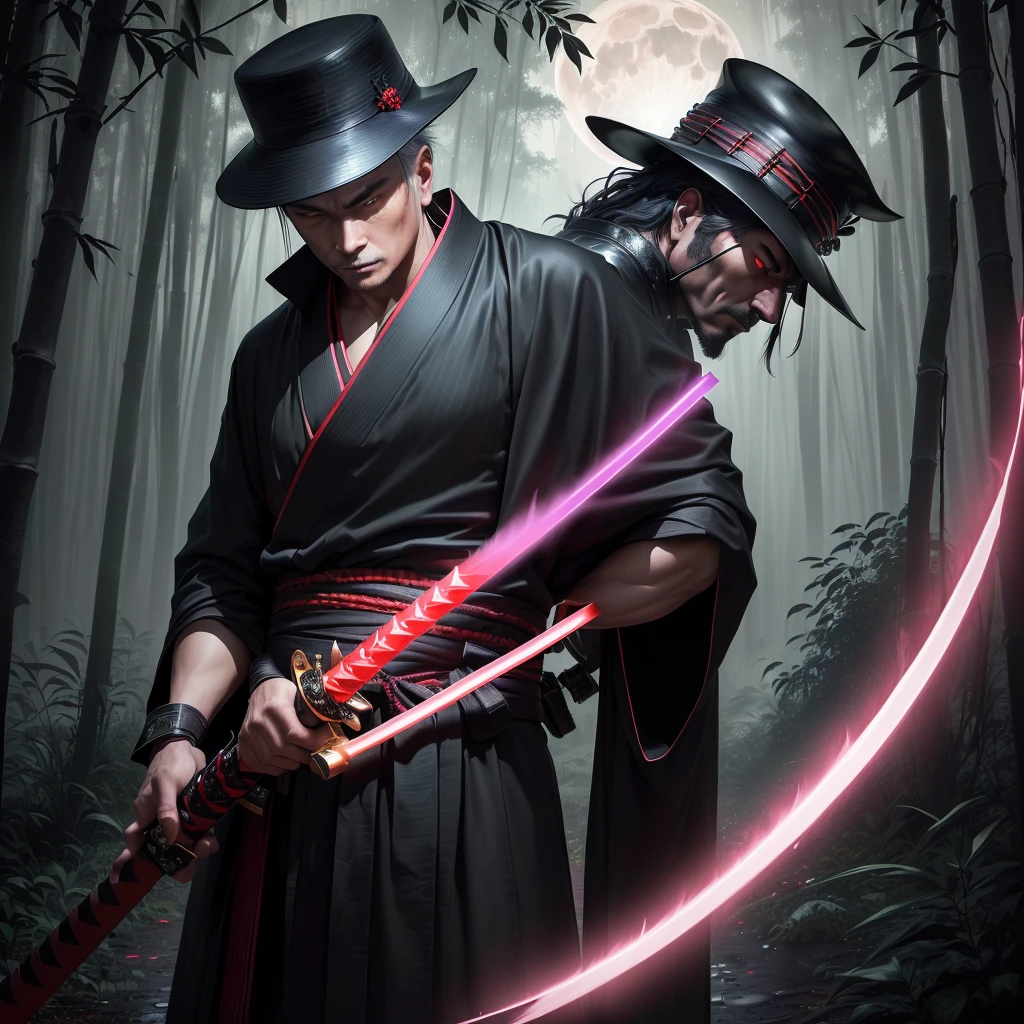 (best quality, 4K, highres, masterpiece:1.2), Ultra-detail, (realisti, photorealisti, photo-realisti:1.37), Knight stands in the rain, Wear a bamboo hat (fail) on his head. It is surrounded by a dense forest, alive with the sounds of nature. It is a moonlit night, and the darkness contributes to the mysterious atmosphere. The man wears a black kimono with neon red stripes, that glow in the dark, makes him stand out from the scene. His sword (katana) is out of the vagina, ready for action in the face of impending disasters.