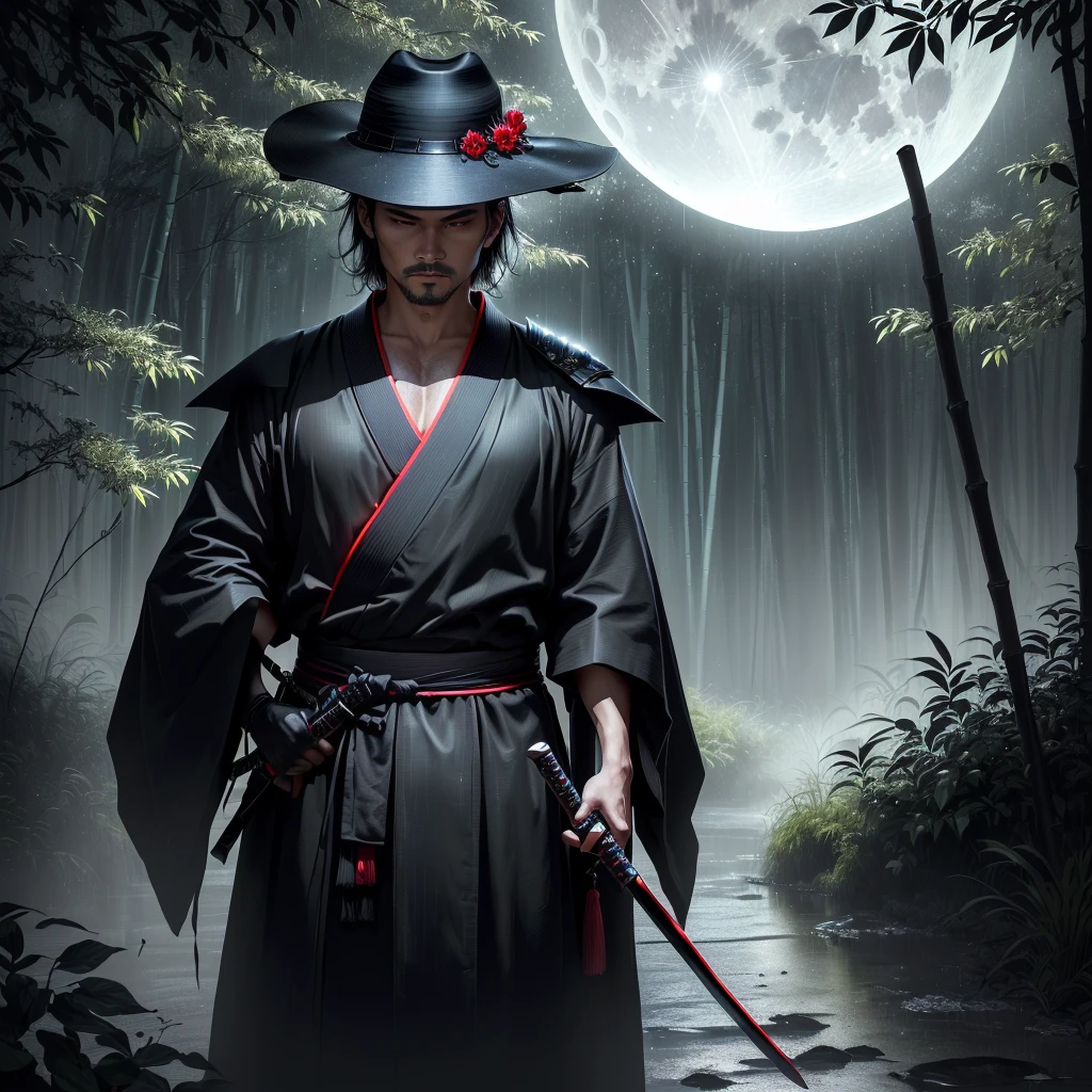 (best quality, 4K, highres, ​masterpiece:1.2), Ultra-detail, (realisti, photorealisti, photo-realisti:1.37),  Knight stands in the rain, Wear a bamboo hat (fail) on his head. It is surrounded by a dense forest, alive with the sounds of nature. It is a moonlit night, and the darkness contributes to the mysterious atmosphere. The man wears a black kimono with neon red stripes, that glow in the dark, makes him stand out from the scene. His sword (katana) is out of the vagina, ready for action in the face of impending disasters.
