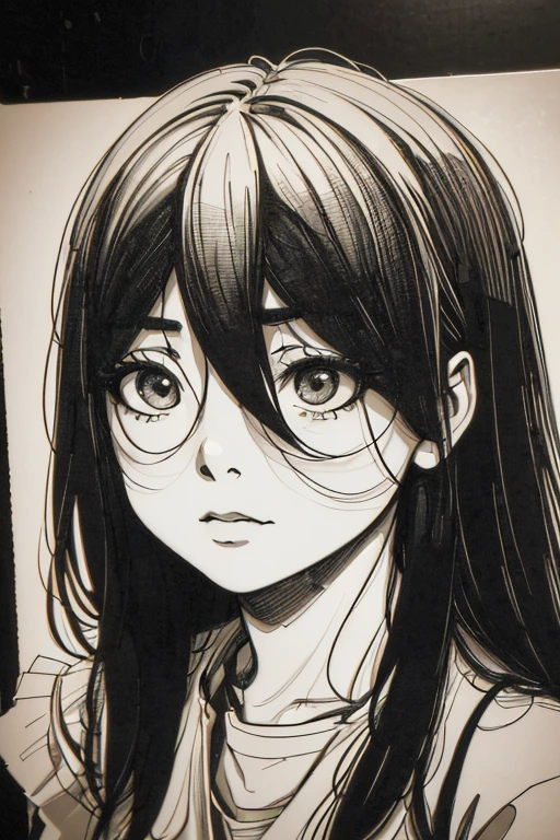 The girl in the photo, Sadako Yamamura, sketch, Black and white, Cute, detailed characteristics, Vintage style, High-contrast lighting, expressive eyes, tousled hair. (Best quality, A high resolution, realistic:1.37), Vintage, monochrome, gaze, dramatic lighting, Durable background, shabby paper texture, Retro-atmosphere, photo ID, Foreground