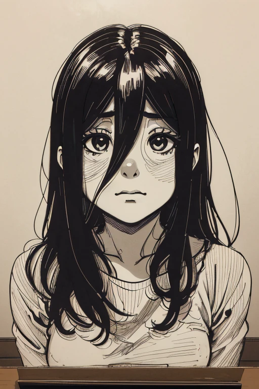 The girl in the photo, Sadako Yamamura, sketch, Black and white, Cute, detailed characteristics, Vintage style, High-contrast lighting, expressive eyes, tousled hair. (Best quality, A high resolution, realistic:1.37), Vintage, monochrome, gaze, dramatic lighting, Durable background, shabby paper texture, Retro-atmosphere, photo ID, Foreground