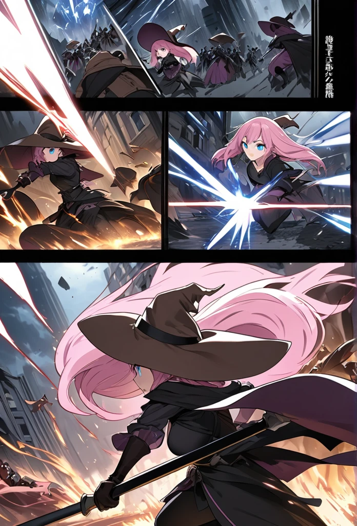 ((highest quality)), ((masterpiece)), ((detailed)), a pink-haired witch with blue eyes wearing a brown hat, fighting against hordes of shadowy creatures in a city, casting spells and magic, comic ebook storyboard, dynamic action, intense battle scene, magic effects, dark atmosphere, high resolution, three panels HQ