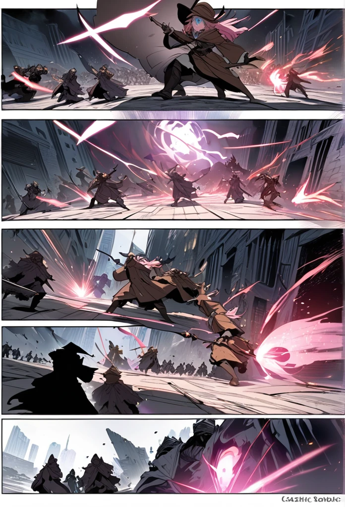 ((highest quality)), ((masterpiece)), ((detailed)), a pink-haired witch with blue eyes wearing a brown hat, fighting against hordes of shadowy creatures in a city, casting spells and magic, comic ebook storyboard, dynamic action, intense battle scene, magic effects, dark atmosphere, high resolution, three panels HQ