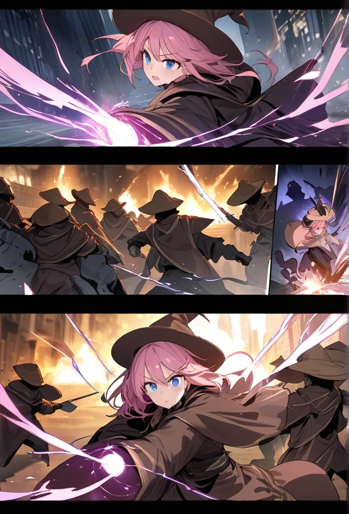 ((highest quality)), ((masterpiece)), ((detailed)), a pink-haired witch with blue eyes wearing a brown hat, fighting against hordes of shadowy creatures in a city, casting spells and magic, comic ebook storyboard, dynamic action, intense battle scene, magic effects, dark atmosphere, high resolution, three panels HQ