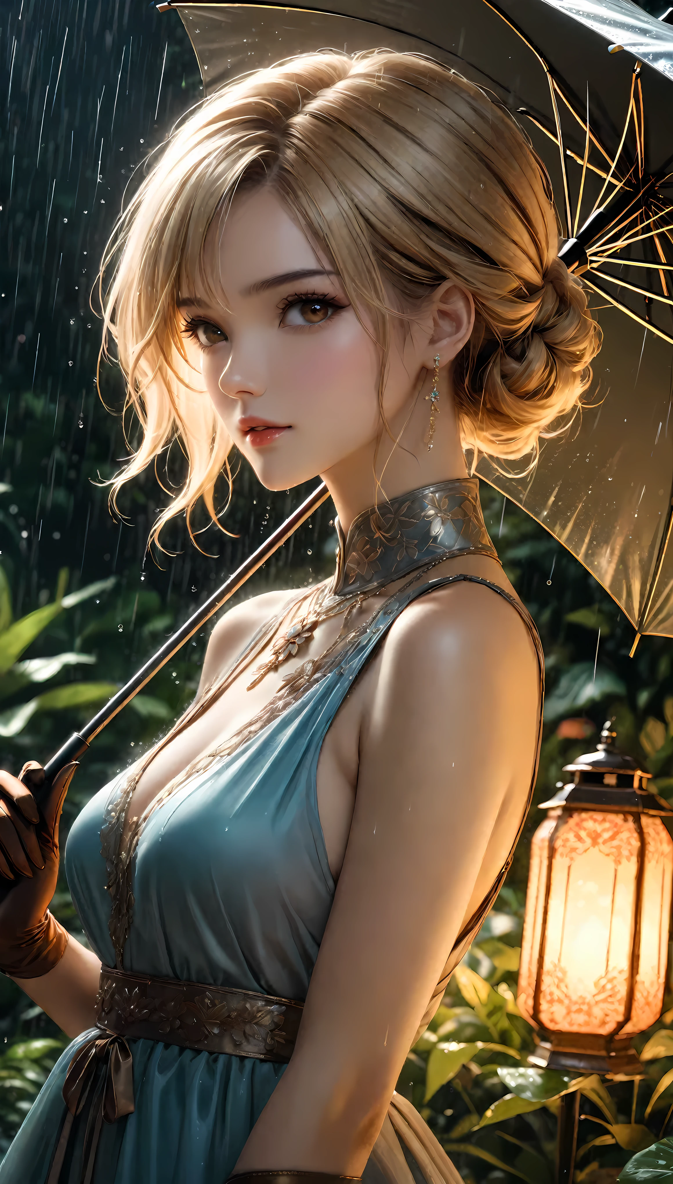 ((Masterpiece in maximum 16K resolution):1.6),((soft_color_photograpy:)1.5), ((Ultra-Detailed):1.4),((Movie-like still images and dynamic angles):1.3). | (cinematic photo of Supermodel beauty with a holding an umbrella), (Blonde Supermodel Beauty), (focus on the umbrella), (cinematic lens), (exotic garden in a heavy rain), (garden lanterns), (luminous object), (female hand gloves), (Festive atmosphere), (shimmer), (aesthetic Festival accesories), (visual experience),(Realism), (Realistic),award-winning graphics, dark shot, film grain, extremely detailed, Digital Art, rtx, Unreal Engine, scene concept anti glare effect, All captured with sharp focus. | Rendered in ultra-high definition with UHD and retina quality, this masterpiece ensures anatomical correctness and textured skin with super detail. With a focus on high quality and accuracy, this award-winning portrayal captures every nuance in stunning 16k resolution, immersing viewers in its lifelike depiction. | ((perfect_composition, perfect_design, perfect_layout, perfect_detail, ultra_detailed)), ((enhance_all, fix_everything)), More Detail, Enhance.
