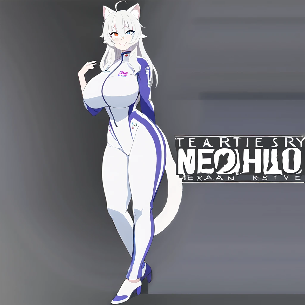 beautiful white neko, long white neko ears, white neko tail, anime style, purple eye, blue eye, big breasts, extremely detailed eyes and face, Wearing White and Purple Race Suit, white long hair, heterochromia, wide waist, mature woman, black small beauty mark under right eye, Full body, Smile, Wink, black background