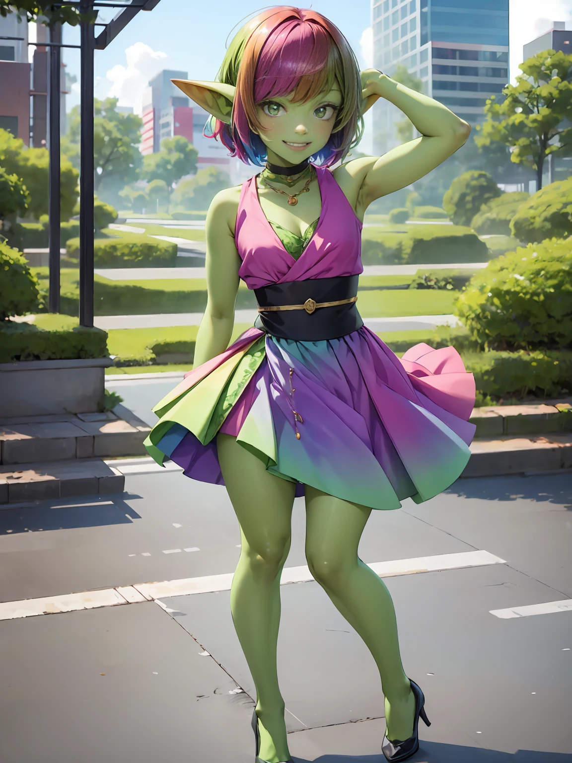 1 girl, short hair, green goblin girl, green skin, small pointy ears, (rainbow hair), very fashionable, smiling, full body, outdoors in tokyo, recording a tiktok dance