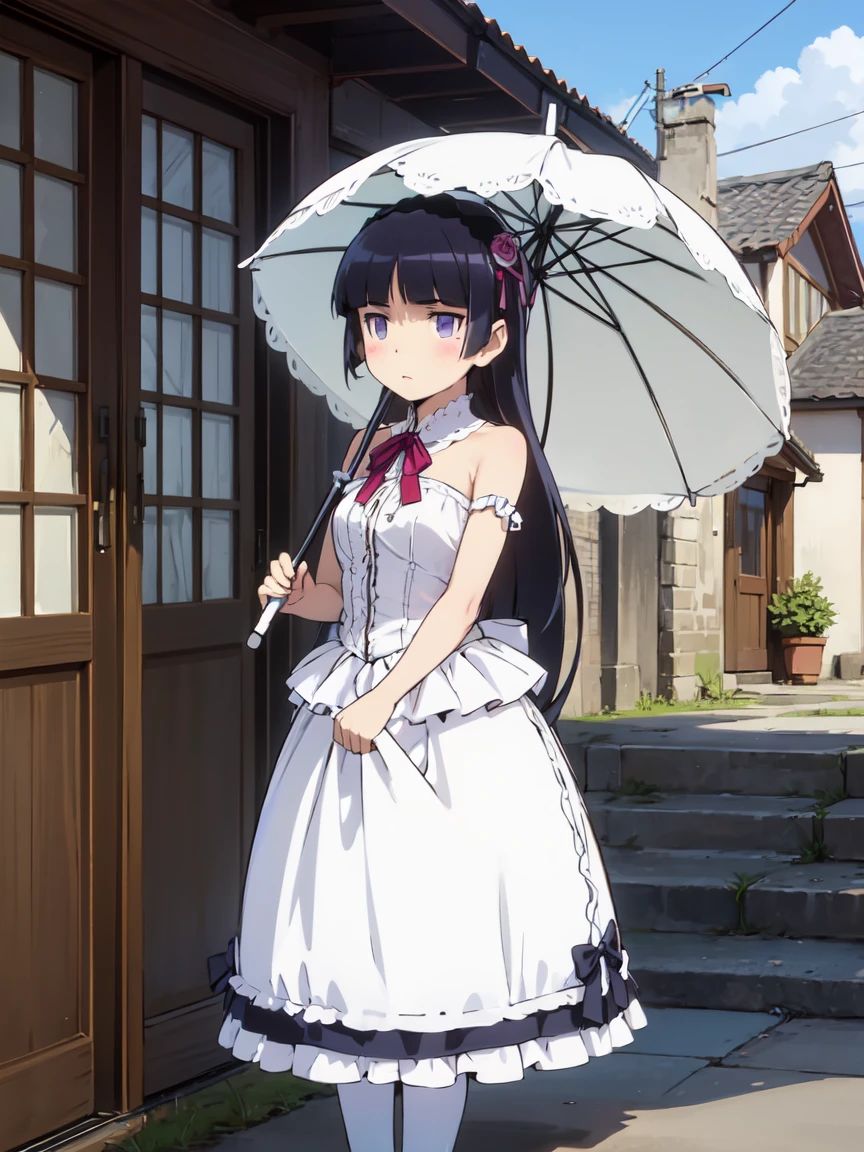 (Ultra-high resolution), (masterpiece), (Attention to detail), (high quality), (最high quality) , 1 girl, alone, girl, Hime cut, Gothic Lolita, Lolita Fashion, head band, (Bare shoulders), ((Parasol)), Pagoda Umbrella, Lace parasol, (ruri gokou), Elegance, grace, Different world, Ancient Capital, middle ages, full body