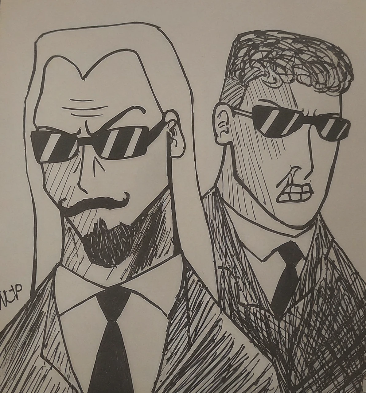 The first man has brown skin and dark brown hair., the second man has light skin and black hair, They are wearing dark glasses and black suits. I want to color the drawing in Cartoon style