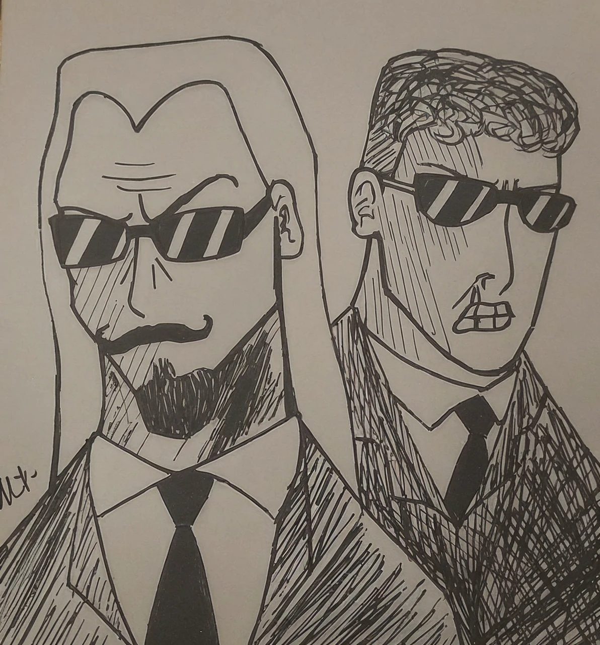 The first man has brown skin and dark brown hair., the second man has light skin and black hair, They are wearing dark glasses and black suits. I want to color the drawing in Cartoon style