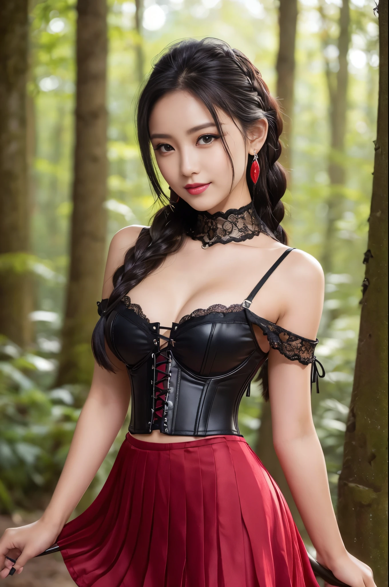 ((Photo from upper body to thigh: 1.4)), ((best soft studio lighting: 1.2)), (sexy Indonesian model: 1.3), photorealistic, ultra high resolution, closeup photo, (smiling face), long natural flowing hair, small breasts, (ultra detailed beautiful face), BREAK, clear sharp focus, perfect dark eyeshadow, vivid colors, (in the clearing of an ultra detailed ancient mystery forest: 1.3), bold lipstick, lip-gloss, black sparkling jewelry, wear an off-shoulder top, ultra detailed silk choker, full bodyesbian, ((Red-black pleated mini skirt)), (ultra detailed lace-up corset (lacy red or crimson) silked), ((Versace silked bustier top)), ((lace-up)), (sexy braided hold-up tights), (-pantise), blue eyeliner, (beautiful princess with long legs and good style)