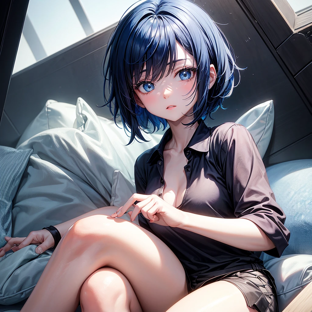 1 single 2d girl with short blue hair, with a black polo shirt and white skin color with her hands making a heart sign and sitting 