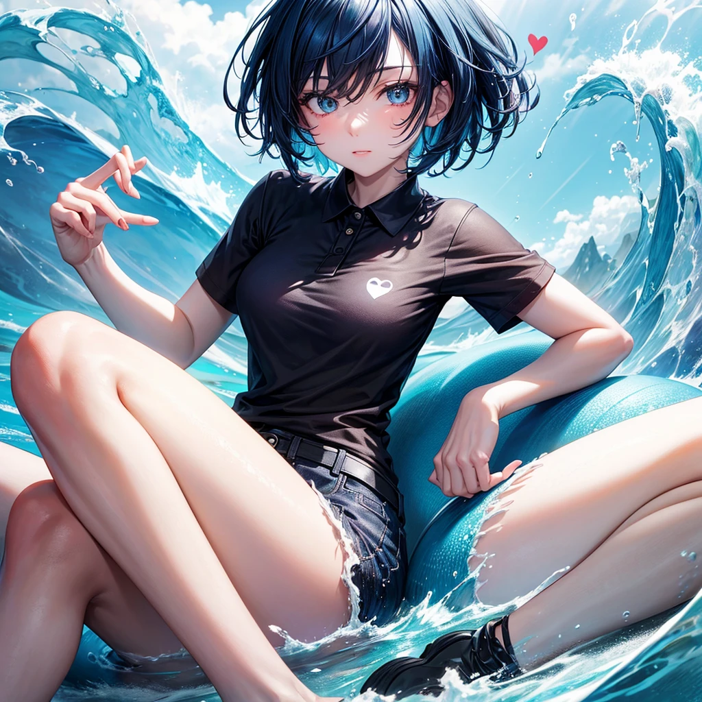 1 single 2d girl with short blue hair, with a black polo shirt and white skin color with her hands making a heart sign and sitting 