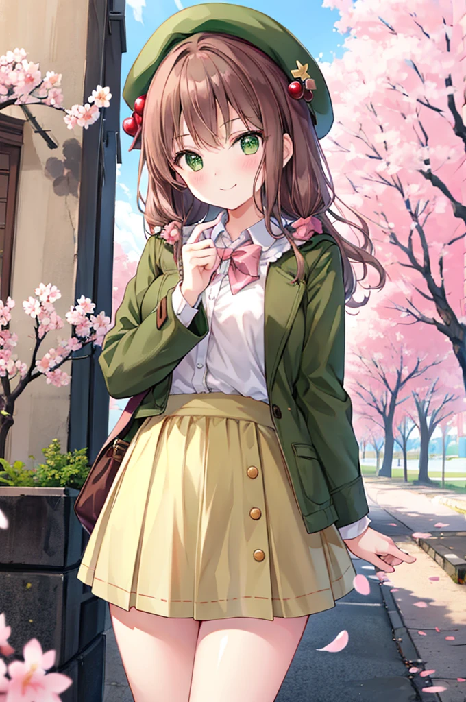 brown hair girl、army green eyes, light pink beret, polite, a smirk、Cute miniskirt、Cherry blossoms