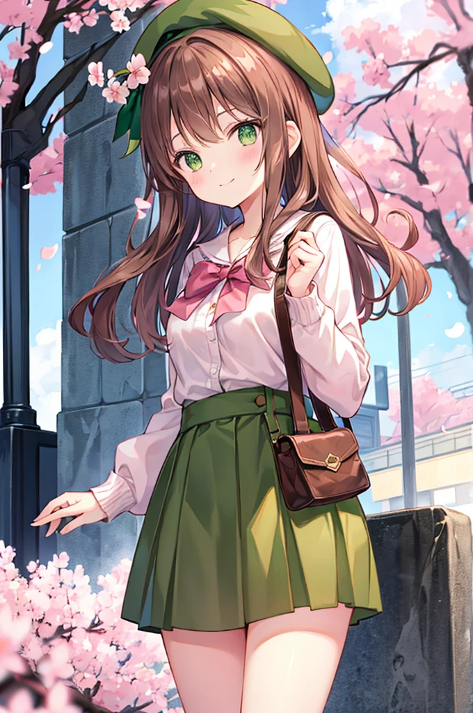brown hair girl、army green eyes, light pink beret, polite, a smirk、Cute miniskirt、Cherry blossoms