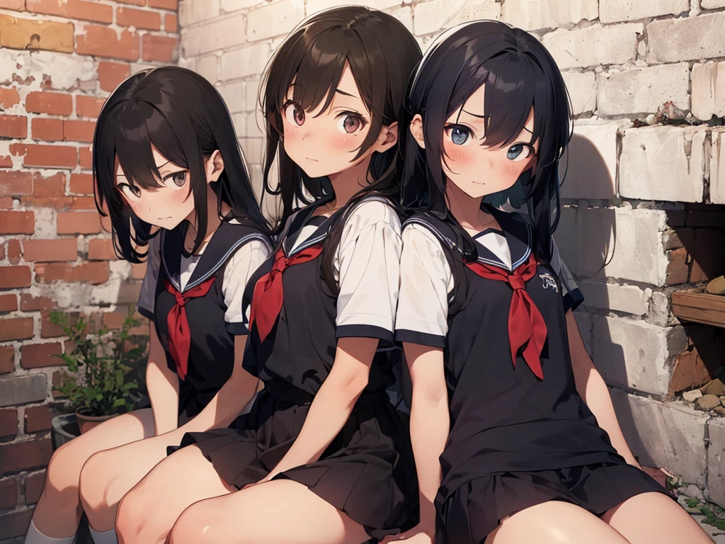 3 girls, ((squeezed together, inside tiny cube, sitting, basement, cellar, basement)), (sitting:1.5), front view, (inside tiny cube, tightly packed), (((blushing, worried face, struggling))), ((short sleeve, sailor uniform, tight clohing)), arms to sides, long hair, dark hair, saphire eyes, perfect body, perfect face, detailed face, (((detailed eyes))), image taken from afar, ((inside a concrete room, inside a brick room, inside basement)), (((shoved inside wall)))