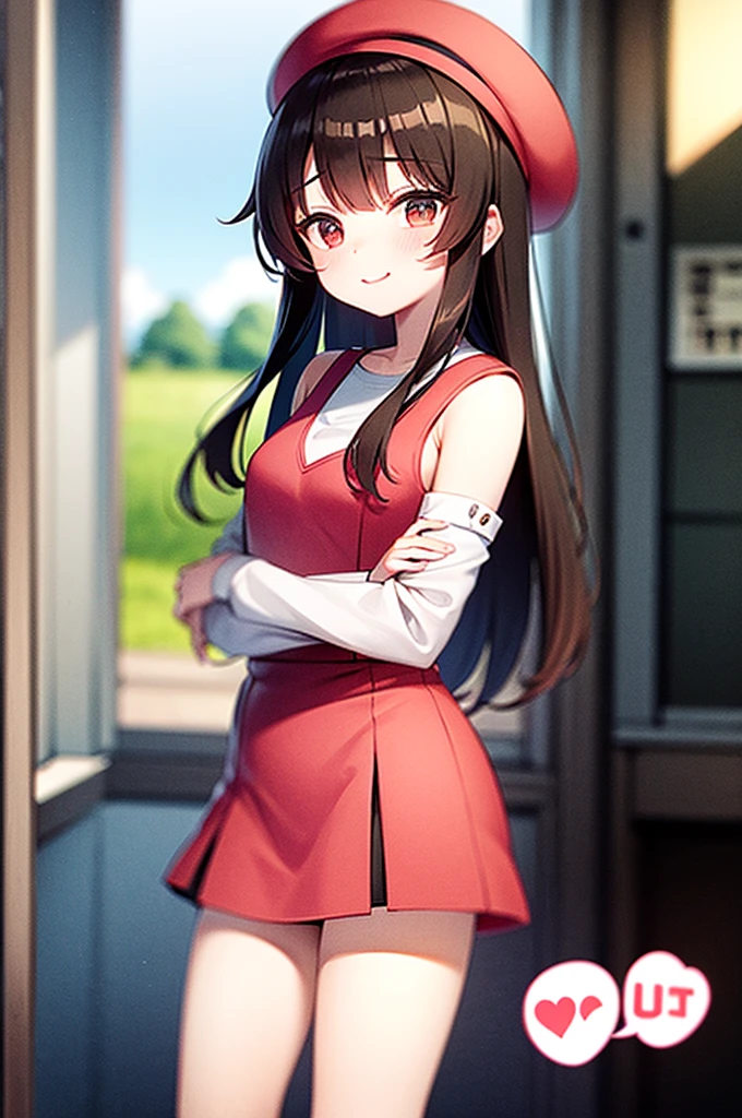 brown hair girl、light pink beret, polite, a smirk、Cute miniskirt、Cherry blossoms