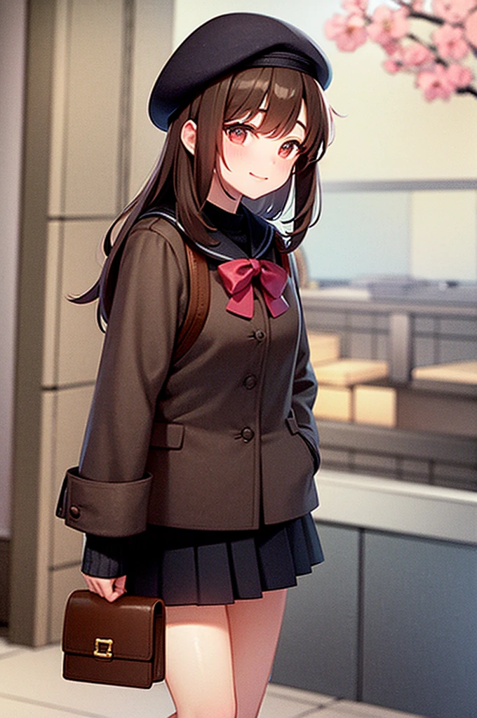 brown hair girl、light pink beret, polite, a smirk、Cute miniskirt、Cherry blossoms
