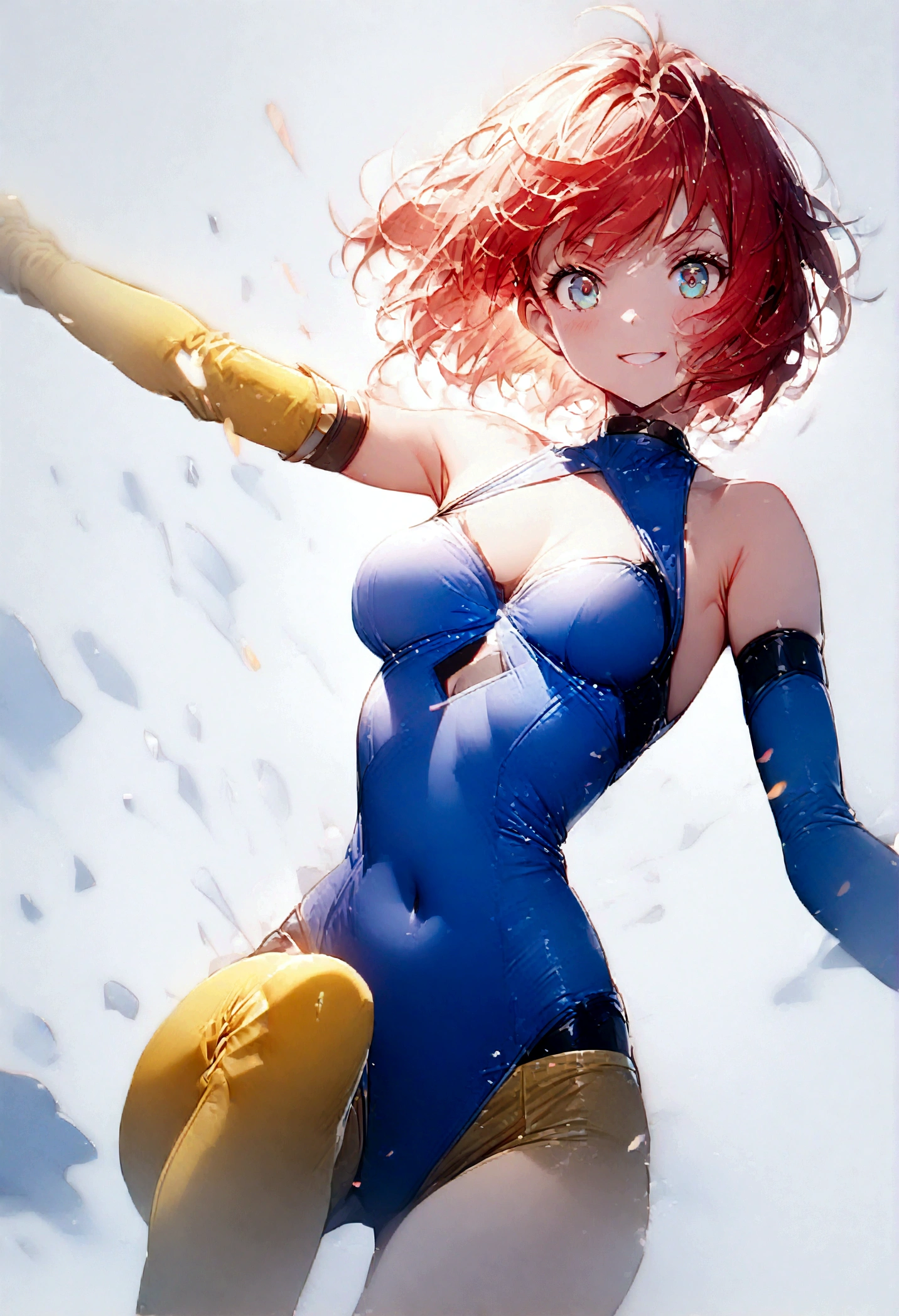 ((Masterpiece, top quality, high resolution)), ((highly detailed CG unified 8K wallpaper)), (huge stunning goddess shot, very hot and sexy, jaw-dropping beauty, perfect proportions, beautiful body, slim body beauty:1.1), 1 woman, anime girl, cutie honey, ((Red hair, short hair repelled to the outside, big eyes, Detailed face and eyes, staring at camera:1.3)), ((Blue and red tight suits, Detailed latex suit, glossy, blue tops, Red from belly to legs, Detailed, midrift top, cleavage cutout, cleavage, skin tight, halter neck, sleeveless, bare shoulders, bare back, covered navel, choker with heart symbol, yellow gloves, elbow gloves, yellow  boots, long boots, armlet:1.5)), the cloth is exploding, hands on hips, feet spread apart, (simple background, white background:1.8), smile, Dynamic poses, exploding backgrounds,