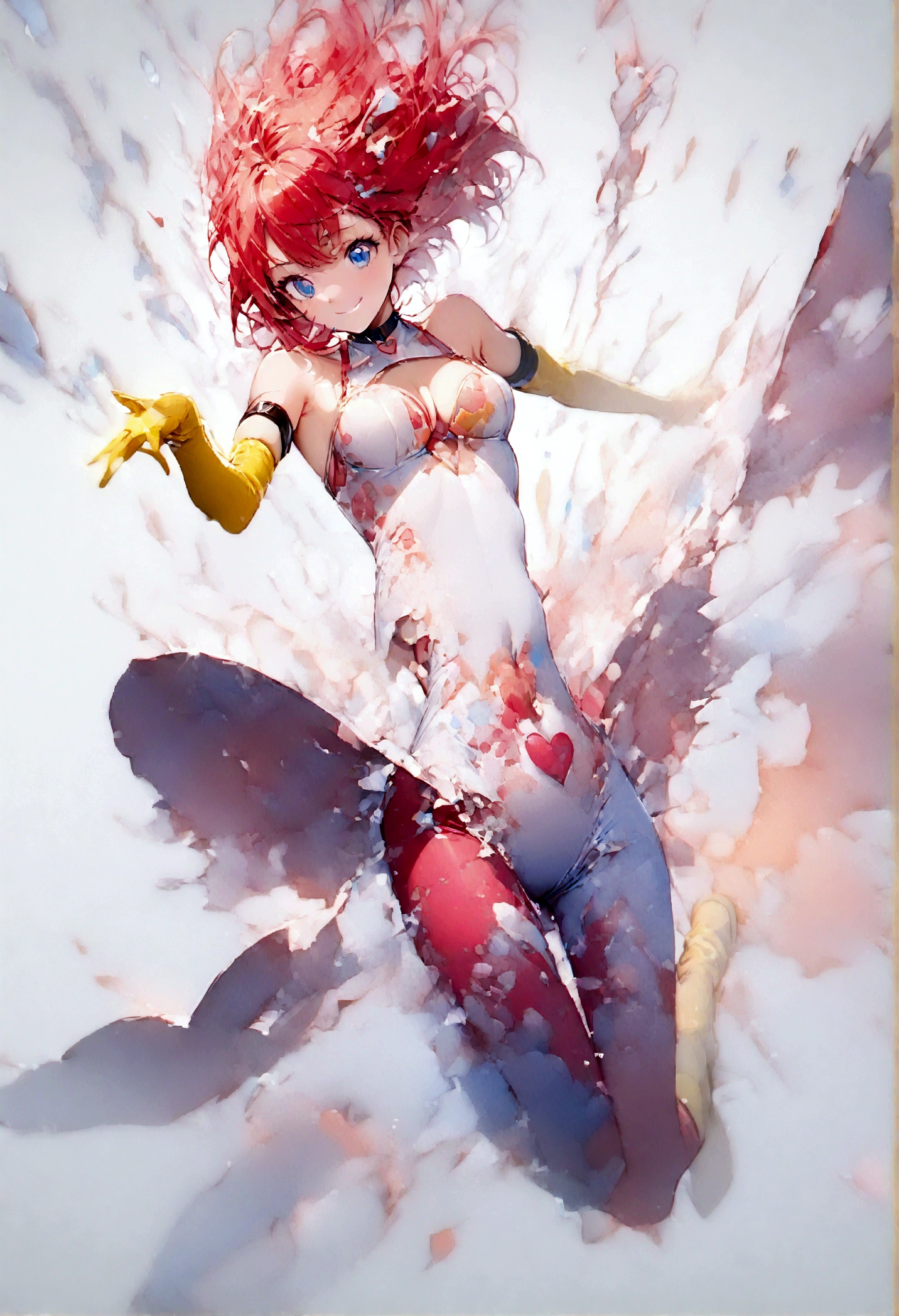 ((Masterpiece, top quality, high resolution)), ((highly detailed CG unified 8K wallpaper)), (huge stunning goddess shot, very hot and sexy, jaw-dropping beauty, perfect proportions, beautiful body, slim body beauty:1.1), 1 woman, anime girl, cutie honey, ((Red hair, short hair repelled to the outside, big eyes, Detailed face and eyes, staring at camera:1.3)), ((Blue and red tight suits, Detailed latex suit, glossy, blue tops, Red from belly to legs, Detailed, midrift top, cleavage cutout, cleavage, skin tight, halter neck, sleeveless, bare shoulders, bare back, covered navel, choker with heart symbol, yellow gloves, elbow gloves, yellow  boots, long boots, armlet:1.5)), the cloth is exploding, hands on hips, feet spread apart, (simple background, white background:1.8), smile, Dynamic poses, exploding backgrounds,