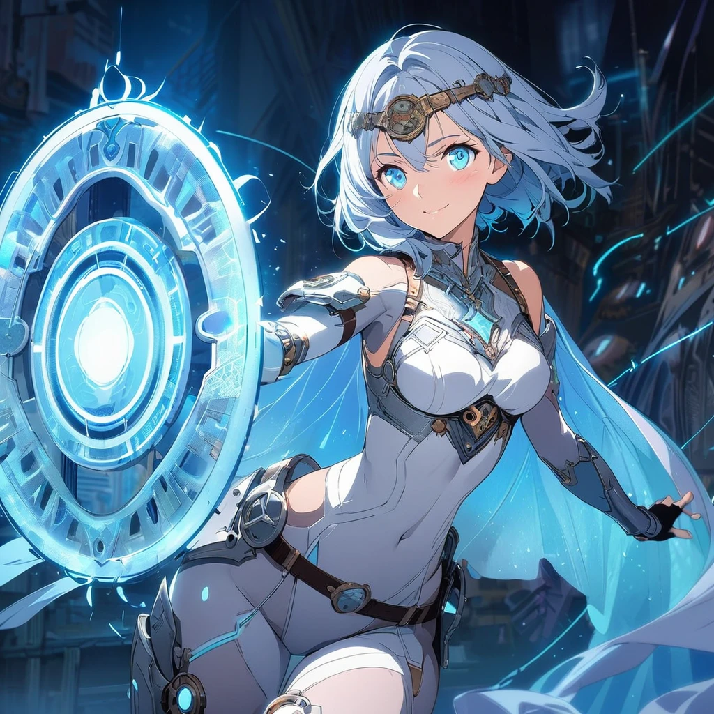 an image of a gentle girl with short, silvery-blue hair, wearing a futuristic fantasy, celebrity outfit with glowing blue elements. She has a kind expression on her face, characterized by soft, warm eyes and a gentle smile with relaxed features. She is generating a large, translucent energy shield that shimmers with blue light, protecting herself and an area around her. The girl should be in a dynamic yet gentle pose, with one hand outstretched towards the viewer as if she's directing the shield and the other hand resting gently by her side. Her stance is strong yet relaxed, with one leg slightly bent. The background is dark and dramatic, with hints of blue light and energy waves illuminating their figures. The shield should have intricate, glowing patterns, enhancing the sense of her power and gentle control, (nude:0.8), detailed gorgeous face| anime style| key visual| intricate detail| highly detailed| breathtaking| vibrant| panoramic| cinematic| Carne Griffiths| Conrad Roset| gibbli 8k