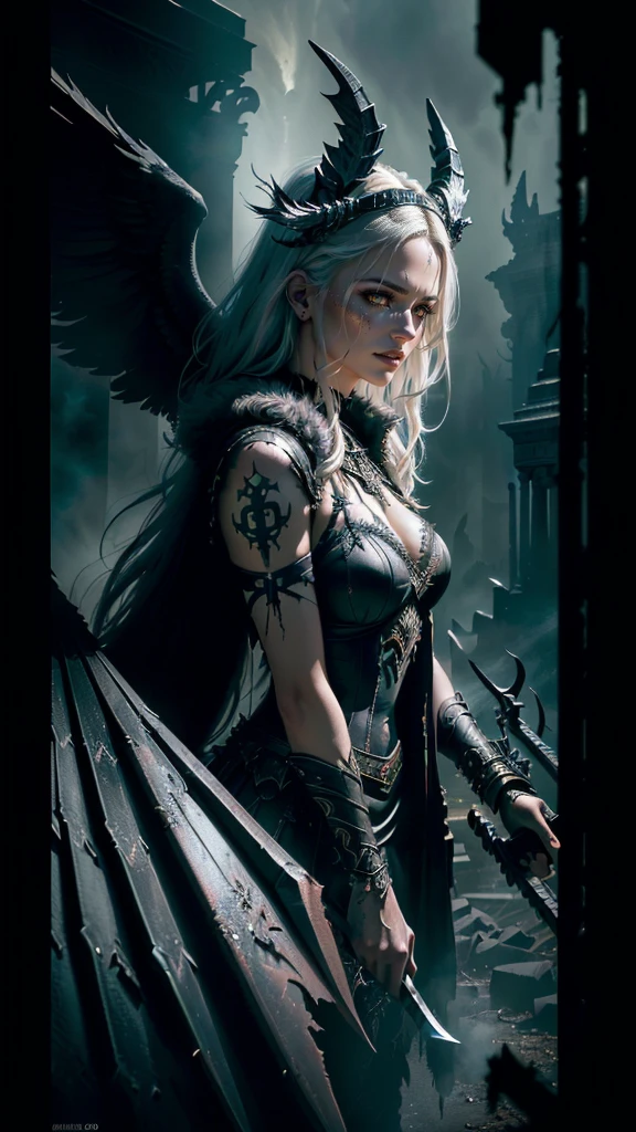 Studio photo of a 25 year old Croatian woman in traditional clothing (best quality, high resolution, realism: 1.37), detailed eyes, American Horror Story.*STRANGE.*A merging (extremely sinister) masterpiece (in the style of Anna Dittmann and Luis Royo).*An extreme epic 3D atomic fractal. *SHARPNESS.*CMYK matte 3D image. Precise details, unearthly atmosphere, accentuated volumetric lighting, depth of field, Unity render 5 quality, horror theme with liquid fog and a mysterious humorous wrapper. * An epic masterpiece of photorealistic style from Alexi Brilot, Jeremy Mann and Luis Royo. A charming illustration depicting a beautiful Valkyrie with wings, decorated with twisted horns, a fur-covered body and hooves, standing triumphantly in the fiery depths of Hell. The temple of Satan with its gloomy and menacing architecture is depicted in the background. Valkyrie wields a pitchfork made of twisted metal and torments souls. The scene is filled with chaos as the surroundings are engulfed in flames and smoke, creating a hellish landscape of suffering and darkness. photo