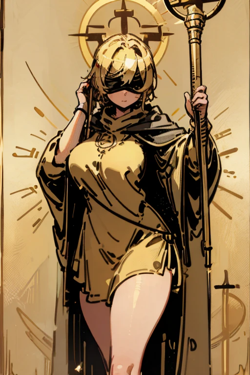 tarot card, 1 girl, Borderland, golden Borderland, gold card, golden tarot card, blindfolded, white blindfolded, father, holding staff, golden halo, thick robes, breasts big, thick-thighs