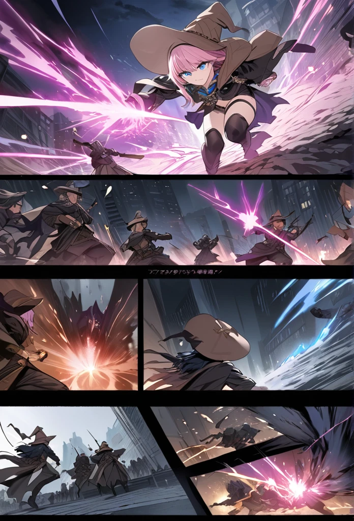 ((highest quality)), ((masterpiece)), ((detailed)), a pink-haired witch with blue eyes wearing a brown hat, fighting against hordes of shadowy creatures in a city, casting spells and magic, comic ebook storyboard, dynamic action, intense battle scene, magic effects, dark atmosphere, high resolution, three panels HQ