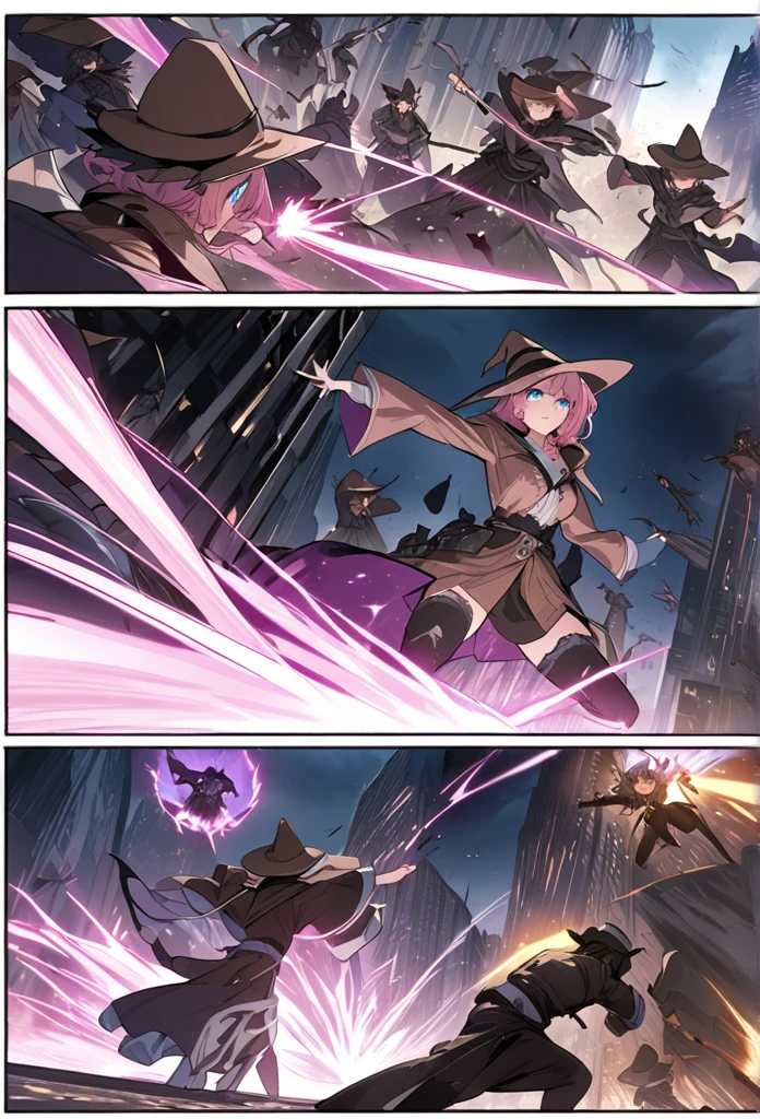 ((highest quality)), ((masterpiece)), ((detailed)), a pink-haired witch with blue eyes wearing a brown hat, fighting against hordes of shadowy creatures in a city, casting spells and magic, comic ebook storyboard, dynamic action, intense battle scene, magic effects, dark atmosphere, high resolution, three panels HQ