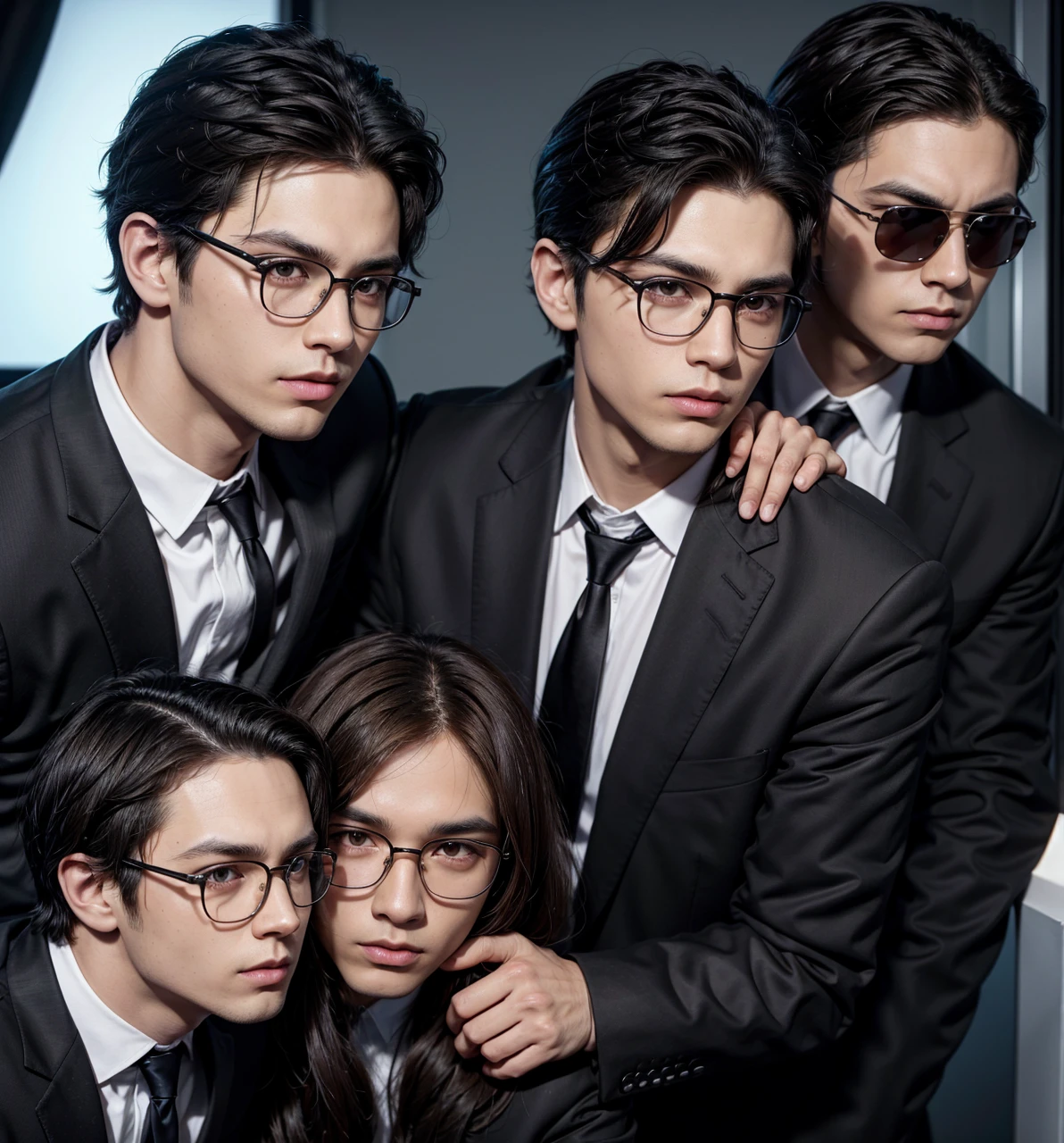 The first man has brown skin and dark brown hair., the second man has light skin and black hair, They are wearing dark glasses and black suits. I want to color the drawing in Cartoon style