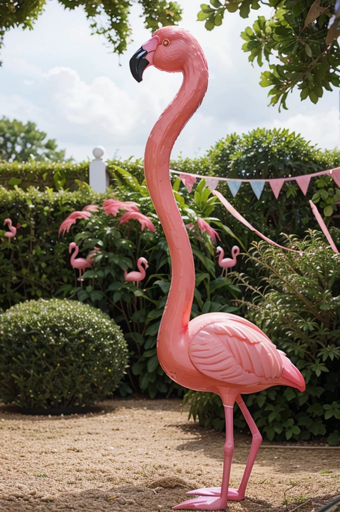 plastic decorations for the garden in the form of a pink flamingo.,