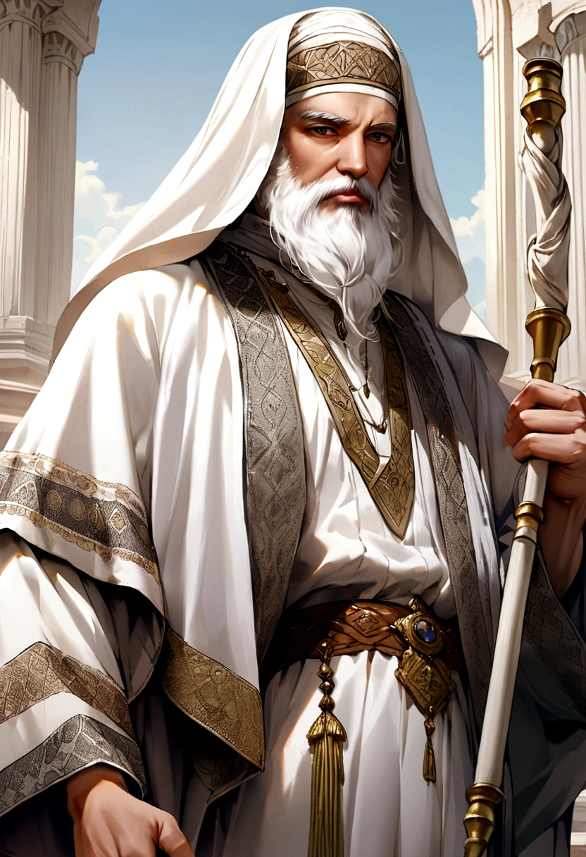 create a Muslim style man with clothes from the time of Jesus
the man with a white beard and white hair in his hand holding a staff