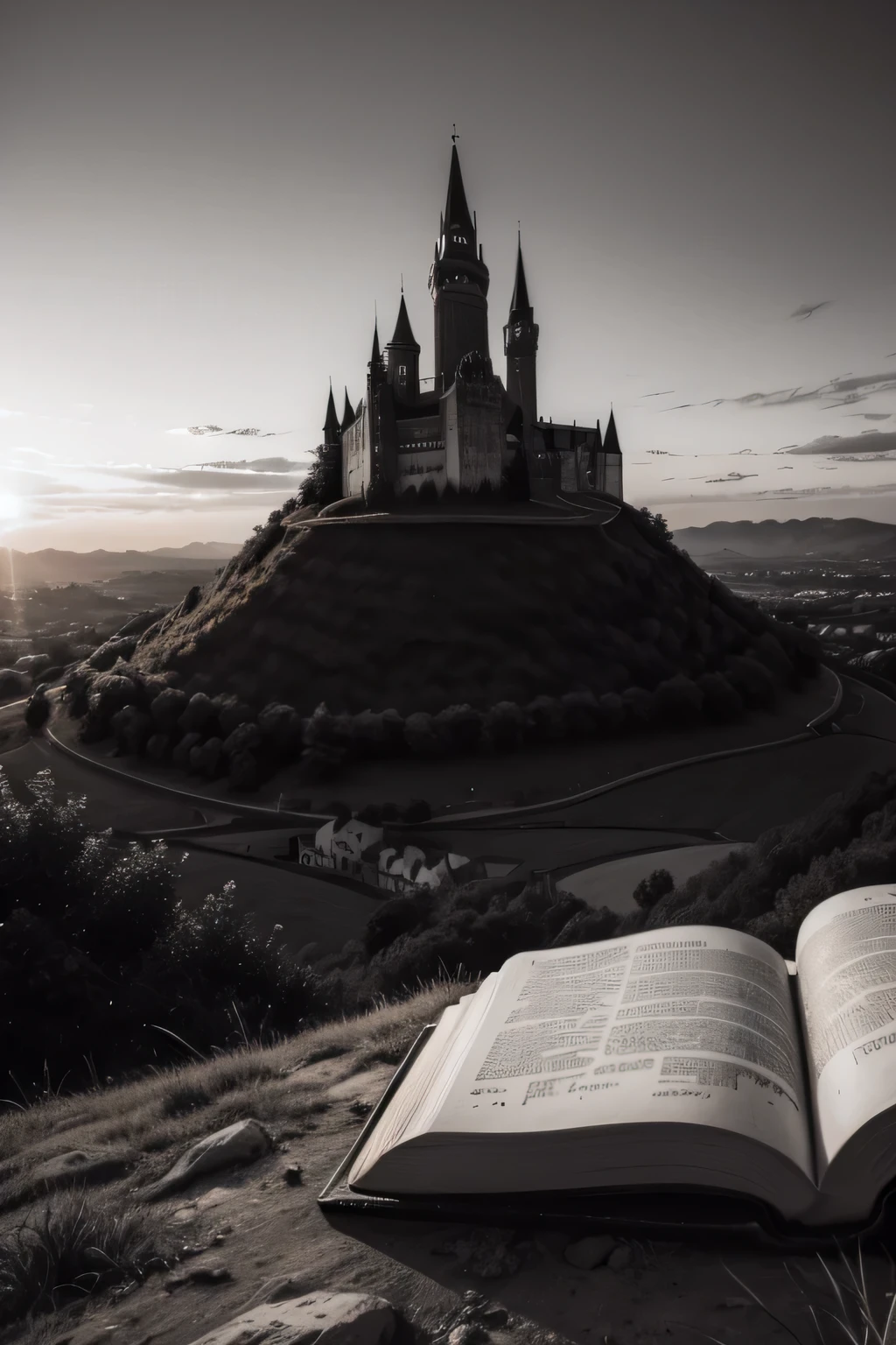 a black and white gothic bible behind a hill at sunset