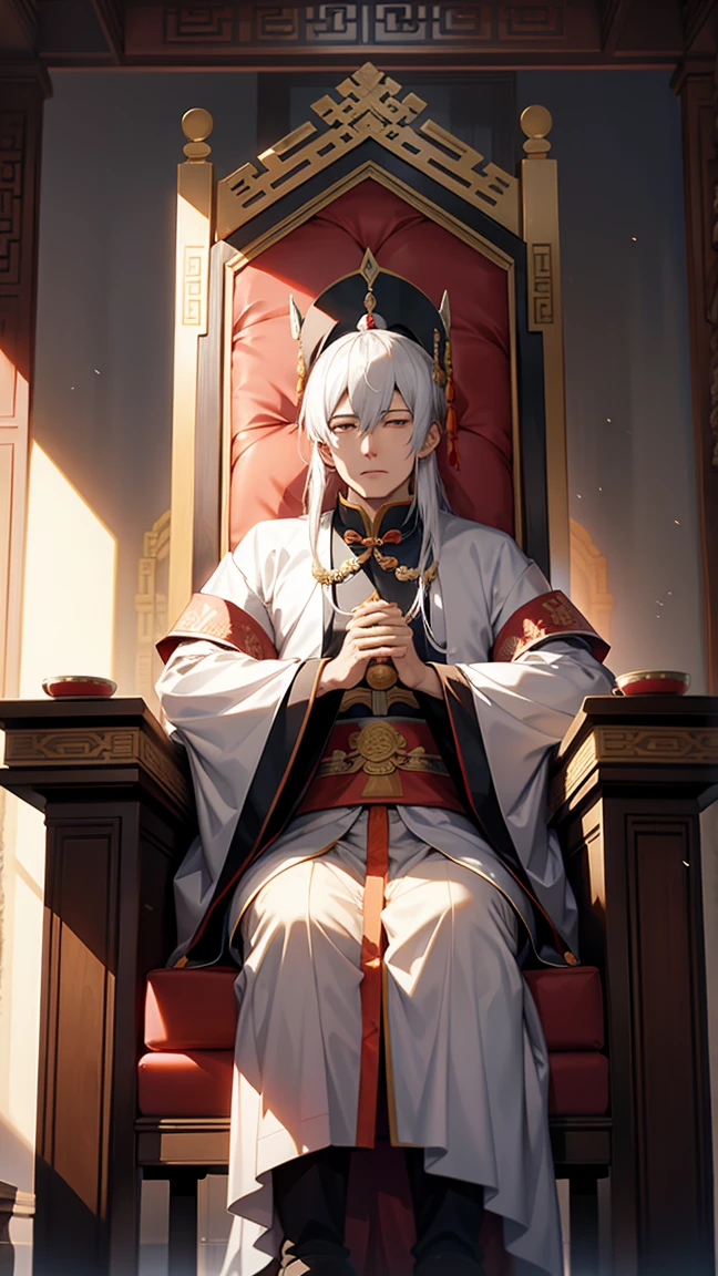 A Chinese emperor sitting on a throne in a palace,