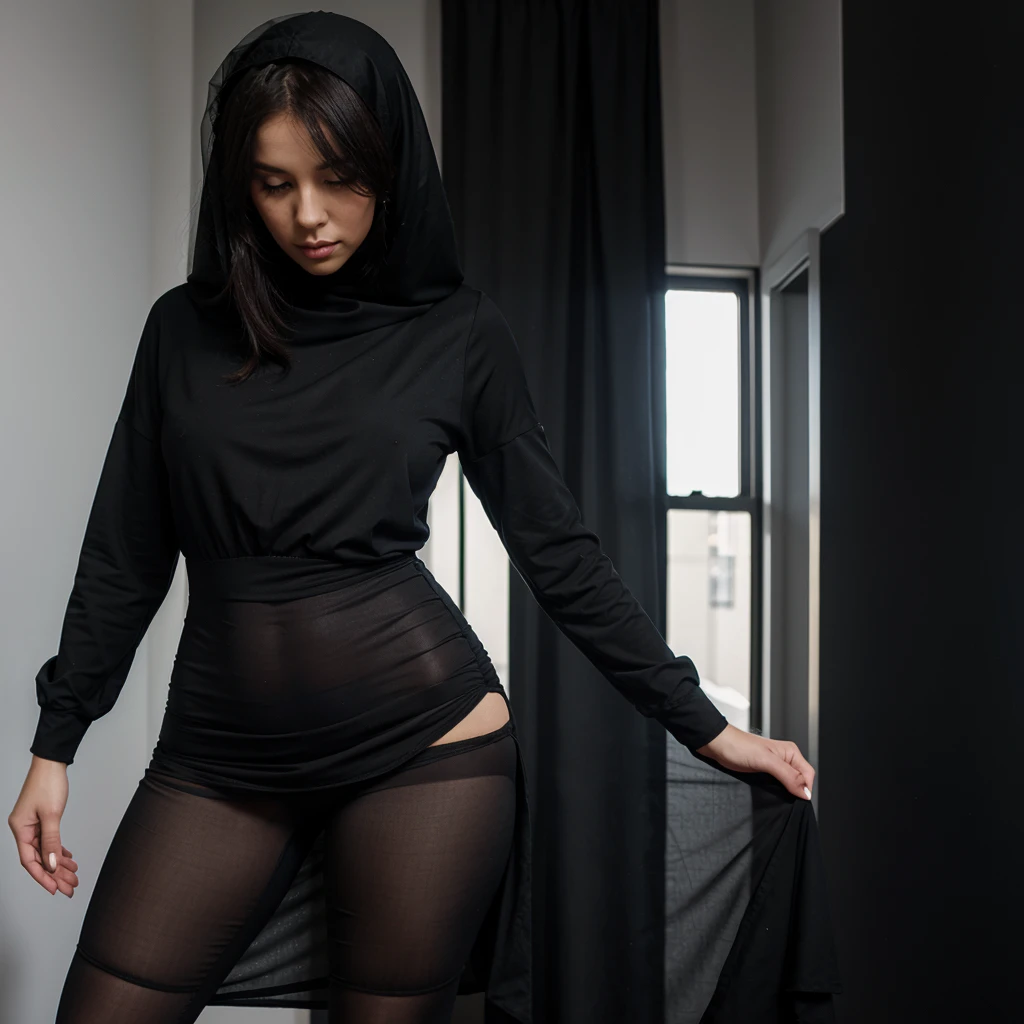 A veiled woman wearing a short, wide dress and tight black pants 