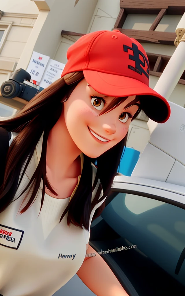 Beautiful brunette woman smiling with a red cap.
