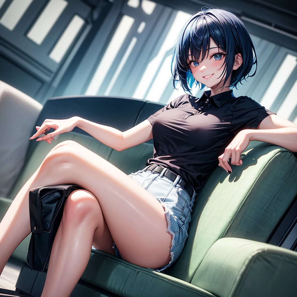 1 single 2d girl with short blue hair, with a black polo shirt and white skin color with her hands making a heart sign and sitting , smiling