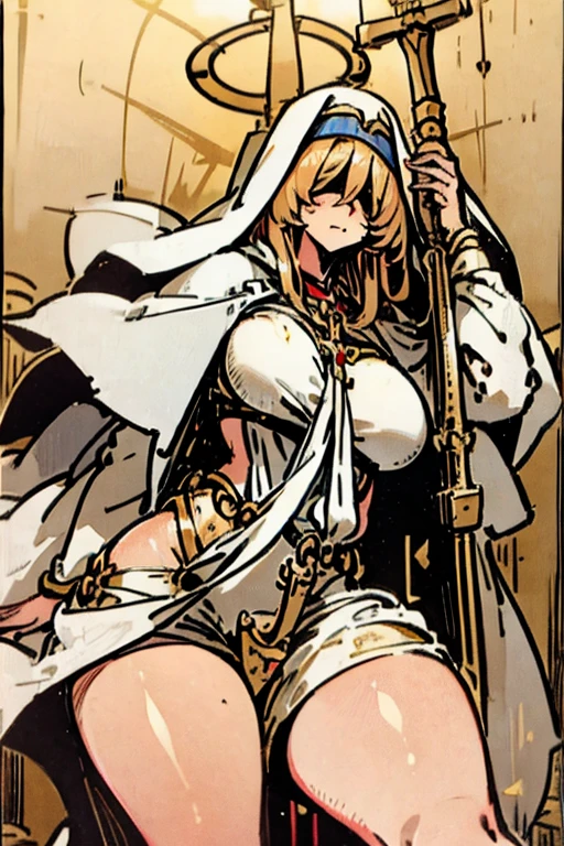 tarot card, 1 girl, Borderland, golden Borderland, gold card, golden tarot card, blindfolded, white blindfolded, father, holding staff, golden halo, thick robes, breasts big, thick-thighs