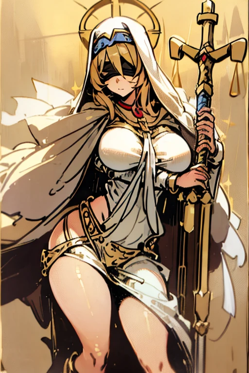 tarot card, 1 girl, Borderland, golden Borderland, gold card, golden tarot card, blindfolded, white blindfolded, father, holding staff, golden halo, thick robes, breasts big, thick-thighs