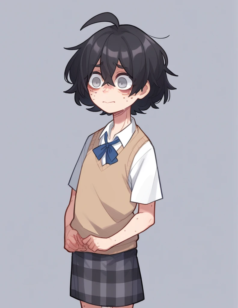 zPDXL, score_9, score_8_up, score_7_up, source_anime,
1girl, solo, ppka, black hair, short hair, messy hair, ahoge, freckles, grey eyes, empty eyes, blind, white shirt, beige sweater vest, plaid skirt, grey skirt, odd socks, different socks, nervous, light smile,