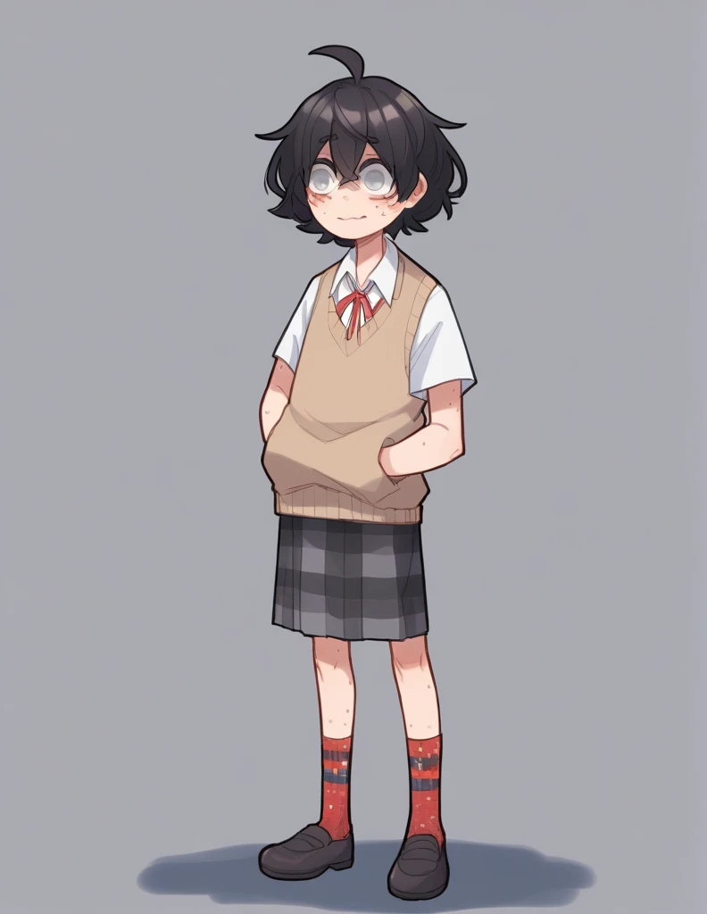 zPDXL, score_9, score_8_up, score_7_up, source_anime,
1girl, solo, ppka, black hair, short hair, messy hair, ahoge, freckles, grey eyes, empty eyes, blind, white shirt, beige sweater vest, plaid skirt, grey skirt, odd socks, different socks, nervous, light smile,