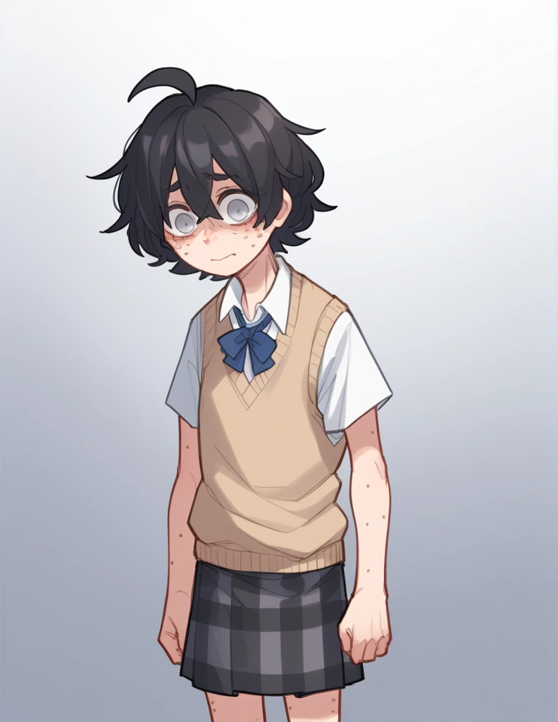 zPDXL, score_9, score_8_up, score_7_up, source_anime,
1girl, solo, ppka, black hair, short hair, messy hair, ahoge, freckles, grey eyes, empty eyes, blind, white shirt, beige sweater vest, plaid skirt, grey skirt, odd socks, different socks, nervous, light smile,