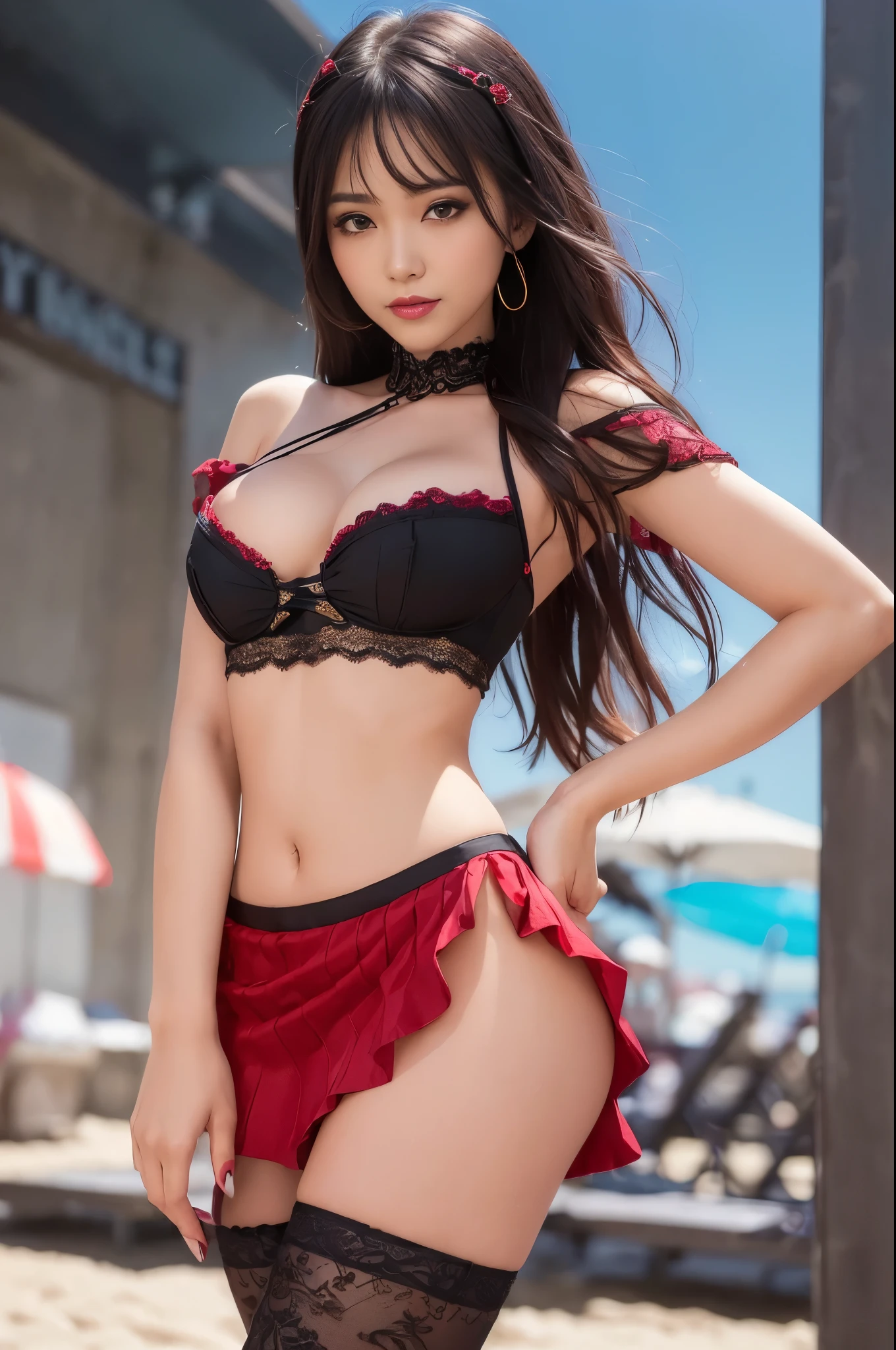 ((Photo from upper body to thigh: 1.4)), ((best soft studio lighting: 1.2)), (sexy stylish Indonesian princess: 1.3), photorealistic, ultra high resolution, (smiling face), long natural flowing hair, small breasts, (ultra detailed beautiful face), BREAK, clear sharp focus, perfect dark eyeshadow, vivid colors, (bright sunny beach club background: 1.3), bold lipstick, lip-gloss, wear an off-shoulder top, full bodyesbian, ((Red-black pleated mini skirt)), (lace-up corset (lacy red or crimson) silked), ((Versace silked bustier top)), ((lace-up)), (sexy braided hold-up tights), (-pantise), blue eyeliner, (beautiful princess with long legs and good style)
