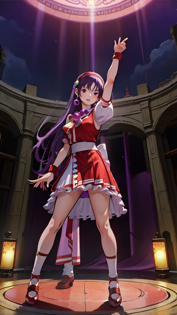 (masterpiece, best quality:1.2), intricate details, athena asamiya, 1girl, ,Vestido en V profundo,, , hairband, long hair, , purple hair, purple eyes, star hair ornament, full body, frontal shot, mirando al espectador, de pie, al aire libre,red shoes,muslos,