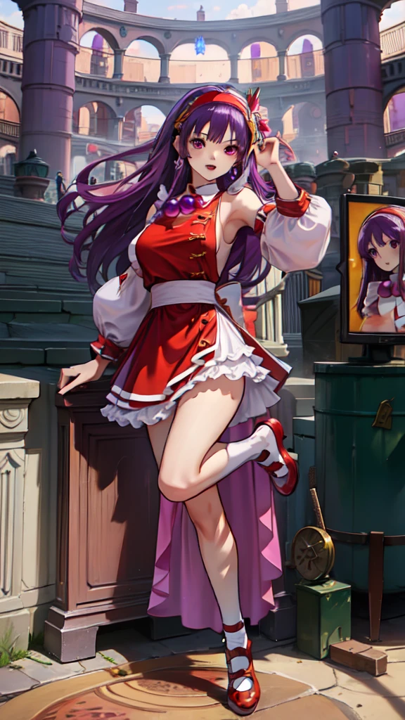 (masterpiece, best quality:1.2), intricate details, athena asamiya, 1girl, ,Vestido en V profundo,, , hairband, long hair, , purple hair, purple eyes, star hair ornament, full body, frontal shot, mirando al espectador, de pie, al aire libre,red shoes,muslos,