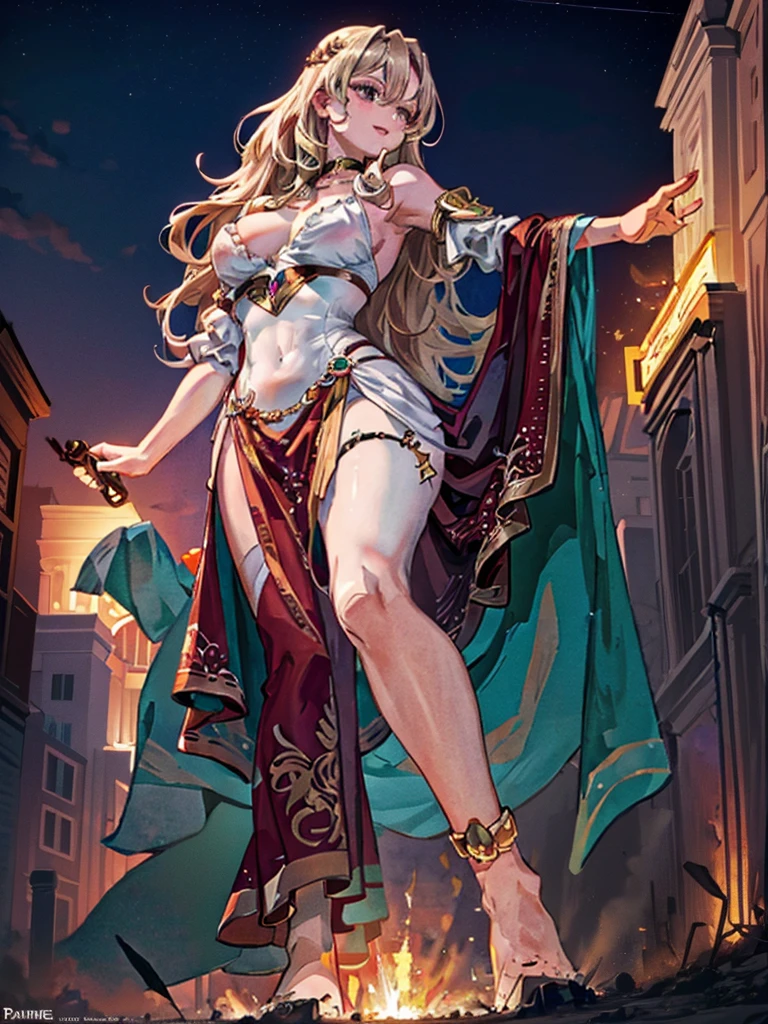 Valeria, a titanic 58-meter goddess, rises from a cliff at dawn, her bronze skin glistening in the first rays of the sun. Her golden, wavy hair cascades down her back and shoulders. Standing on a vast plain, her posture is firm and provocative, one leg slightly forward and one hand resting on her hip. Her piercing, lustful eyes watch the people at her feet, captivated by her magnetic presence. Her lips curl into a seductive smile and her divinely sculpted body exudes an aura of overwhelming eroticism, casting a spell of desire and adoration over all who gaze upon her.