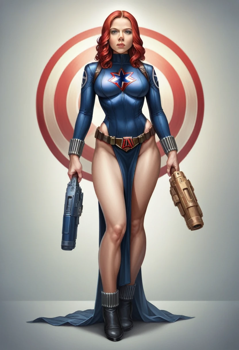 (masterpiece), (best quality), (photorealistic:1.3), 8k, detailed skin texture, detailed cloth texture, beautiful detailed face, intricate details, ultra detailed, scarlett johansson, Black Widow in the style of the Captain America, straight red hair, (full-length body:1.2)